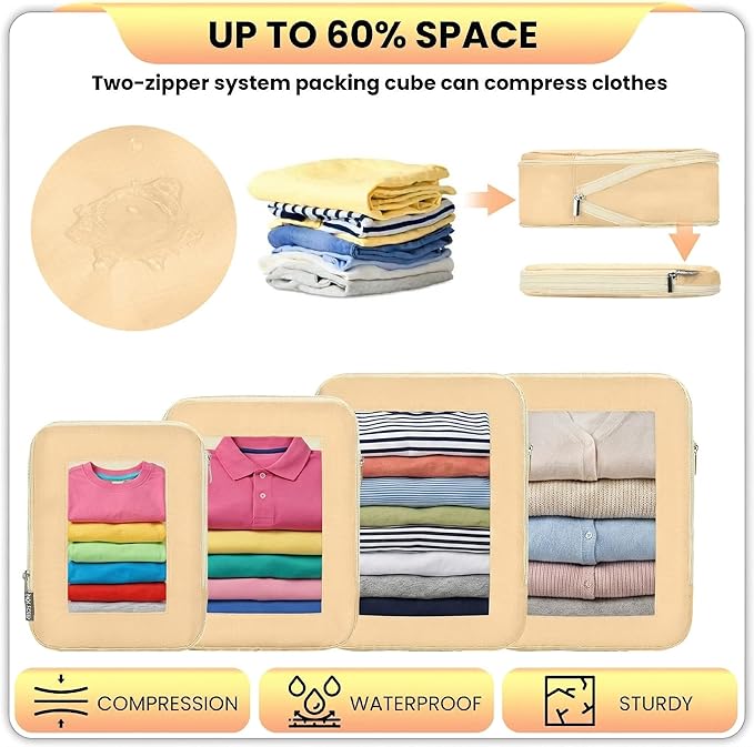 Compression Packing Cubes For Carry On Suitcase 20-22 Inch, 4 Pcs Expandable Packing Cubes For Travel for Luggage, Space Saving Travel Essentials