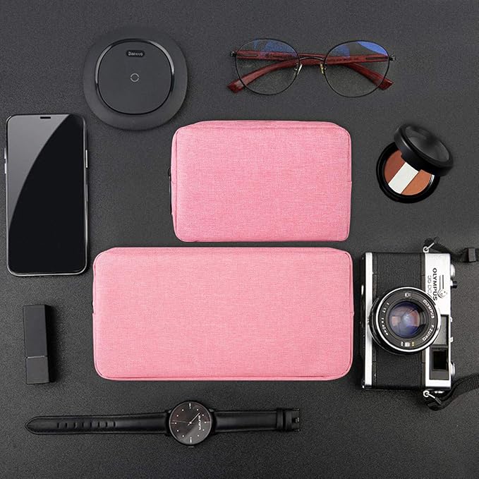 2-PACK Accessories Bag for Women Ladies Travel Organizer, Big+Small Portable Storage Bag Pouch Electronics Accessories Carrying Case Cosmetic Bag for Hard Drive, Mouse, Cable, Adapter, Cellphone, Pink