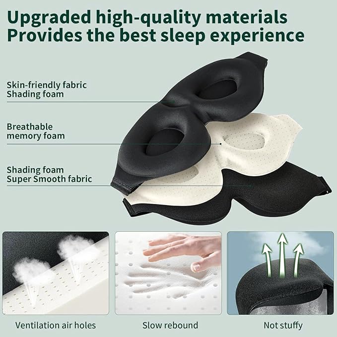 Sleep Eye Mask for Side Sleepers, 3D Contoured Blackout Blindfold for Women & Men, Soft Memory Foam Silk Sleep Mask, Adjustable Light Blocking Eye Cover for Travel, Nap, Cooling Comfort