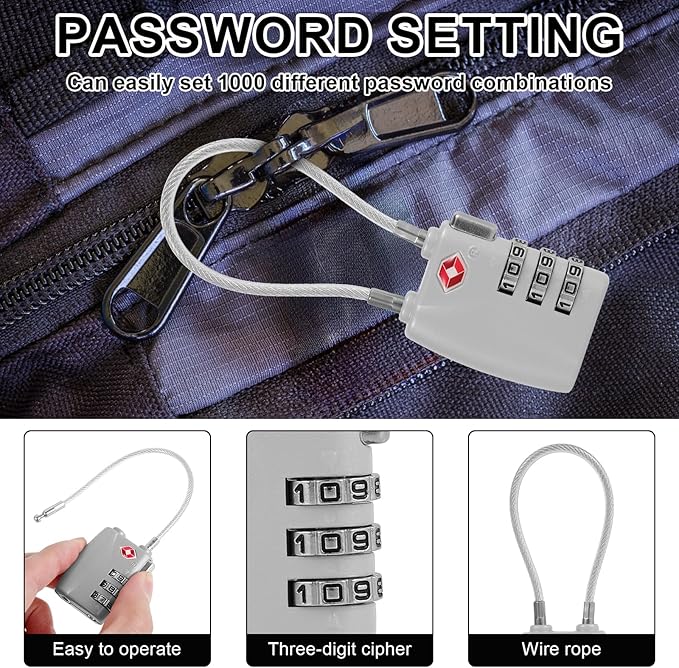 TSA Locks for Luggage TSA Approved Luggage Locks 3 Digit Combination TSA Travel Locks Portable Cable Padlocks Zinc Alloy Body Suitcase Locks for Travel Bag Suitcase Backpack Lockers,Silver