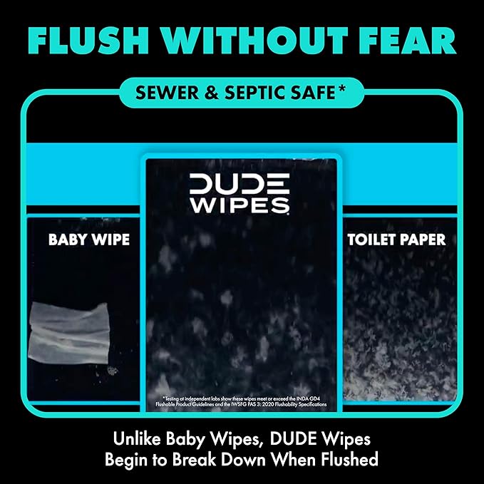 DUDE Wipes Mint Chill Travel Wipes - 6 Packs of 18 (108 Count) - Extra-Large Adult Flushable Wipes - Infused with Tea Tree Oil, Vitamin E, and Aloe - Septic and Sewer Safe