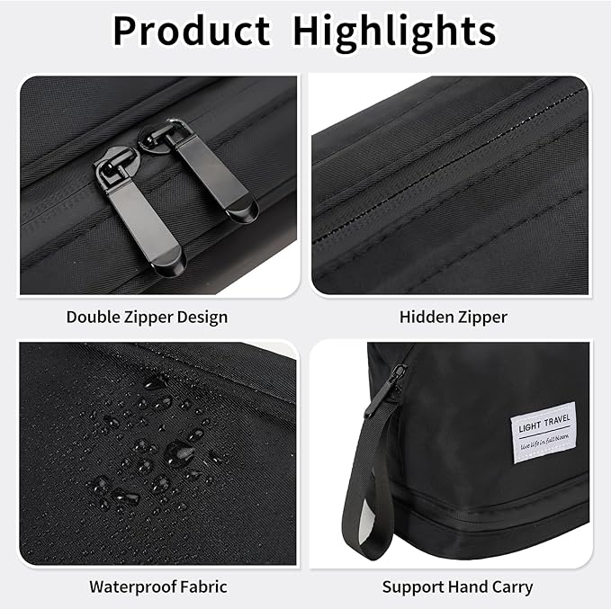 Hanging Travel Toiletry Bag for Men, Compact,sturdy, Lightweight, Waterproof, Dry Wet Separation,Simple and Practical, Suitable for travel Toiletry Organizer (Men, Jet Black)