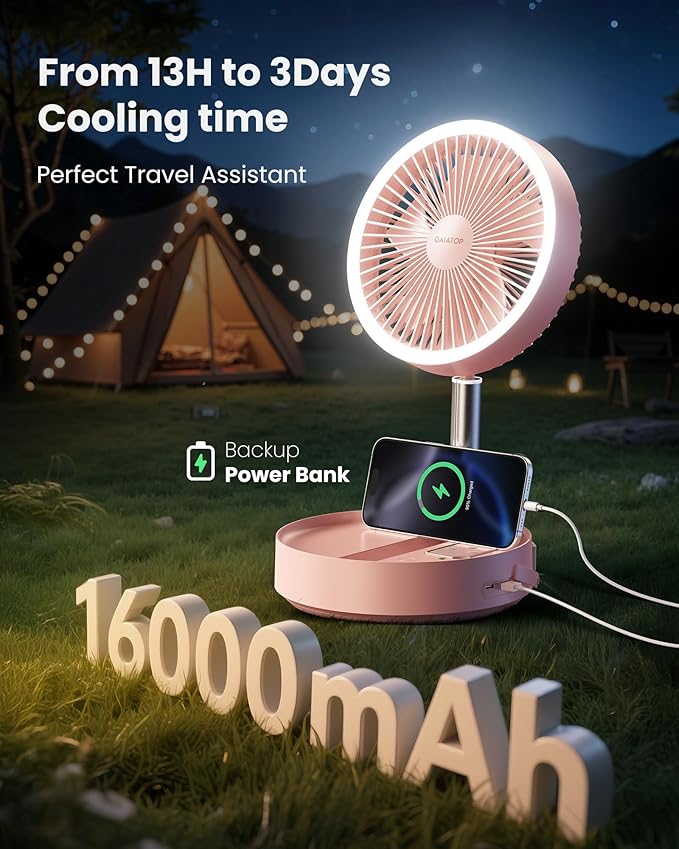 Gaiatop Portable Pedestal Fan 16000mAh Battery [Max 74h Runtime], Foldable Oscillating Standing Fan, Collapsible Desk Fans, LED Light, Case & Remote Control, 4 Speeds for Outdoor Travel Camping (Pink)