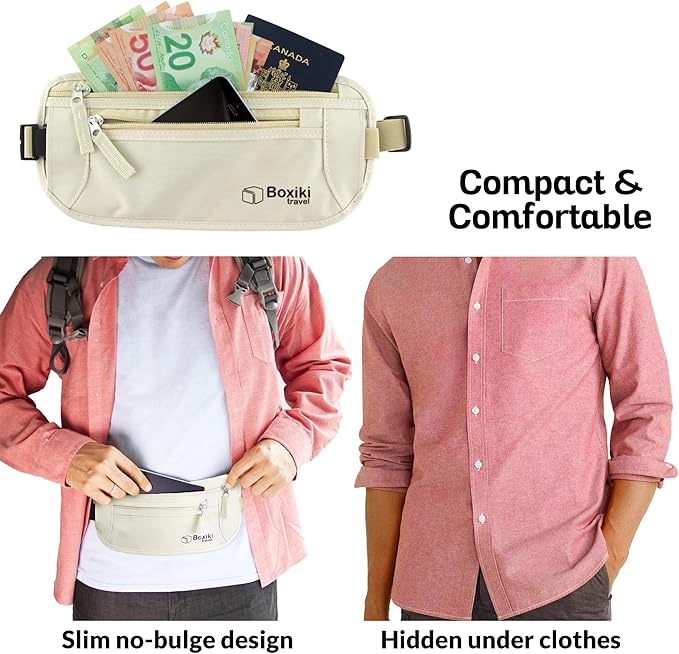 Boxiki Travel Beige Money Belt with RFID Sleeves Set - Secure Travel Pouch and RFID Card Holder to Protect Cash, Credit Cards and Travel Documents for Men and Women