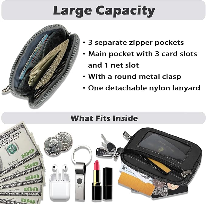 Prime Comfort Small Zip Wallet with Anti - Loss Tether, ID card package Holder, Student daily wallet, card bag, ID bag Holder (With Tether-Black)
