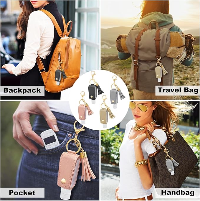 4 Pack Portable Travel Hand Sanitizer Keychain Holder with Funnel, Small Leather Empty Travel Size, 30ml Mini Hand Sanitizer with Refillable Bottle for Toiletry Shampoo Lotion Liquid Soap