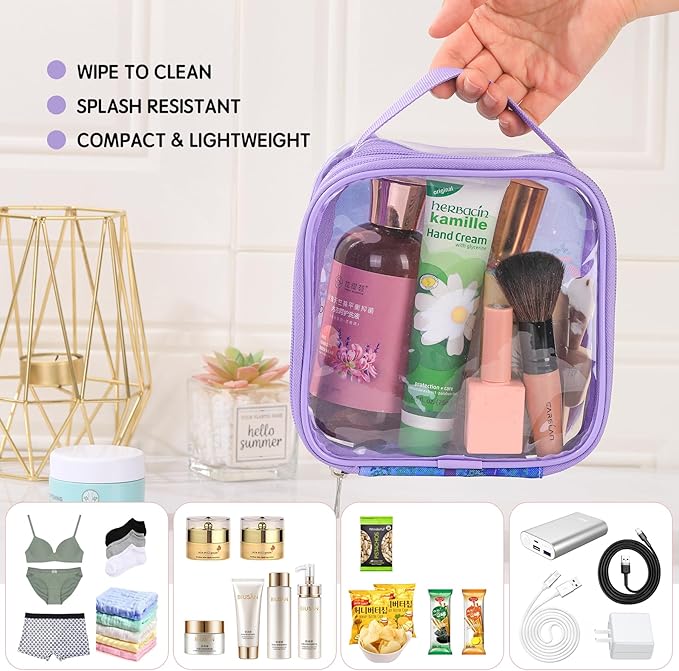 BORMELUN TSA clear toiletry bag airport approved see through pvc plastic pouch transparent makeup carry on with handle(purple)