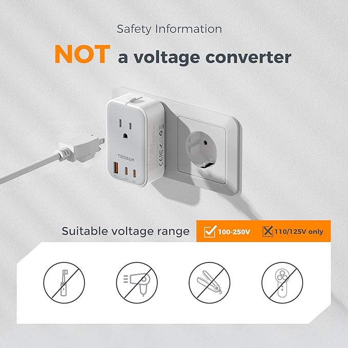 TESSAN Universal Travel Adapter PD 20W, Ultra Thin International Power Adapter 2 USB C 1 USB A, Worldwide Power Plug Adaptor for USA to European UK Italy Ireland New Zealand (Type C/G/A/I), Grey