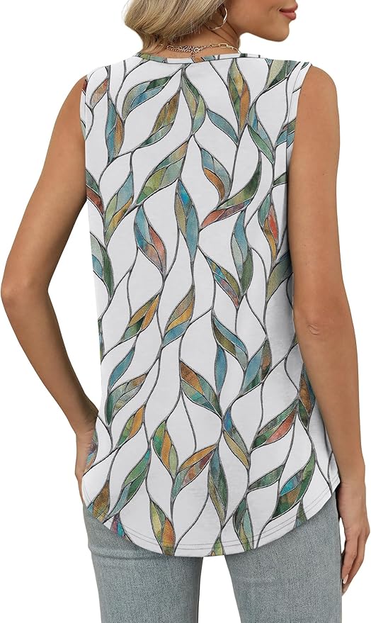 OFEEFAN Tank Top for Women Loose Fit Sleeveless Shirts V Neck Summer Clothes Ruched Women's Tees and Tanks Curved Hem