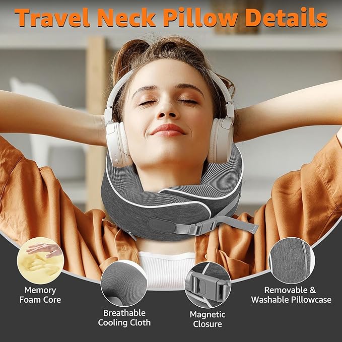 Travel Pillows for Airplanes Ergonomic Memory Foam Neck Pillow for Travel - 360° Head & Neck Support for Sleeping on Flights, Cars, Trains & Office (Dark Gray-1)