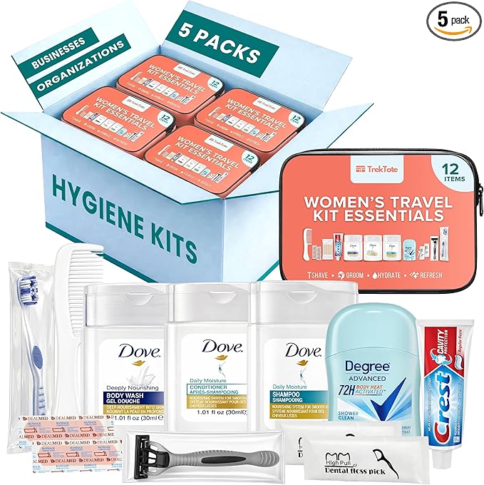 TrekTote Womens Bulk Travel Hygiene Kits 12 Piece, Travel Size Toiletries Set with Cosmetic Bag, Bulk Case Pack Pre Assembled Care Kits