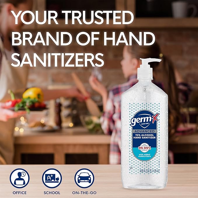 Germ-X Advanced Hand Sanitizer, Less Drying Moisturizing Clear Gel, No Rinse Formula, Large Family Size Pump Bottle, 34 Fl Oz (1 Liter) (Pack of 4)
