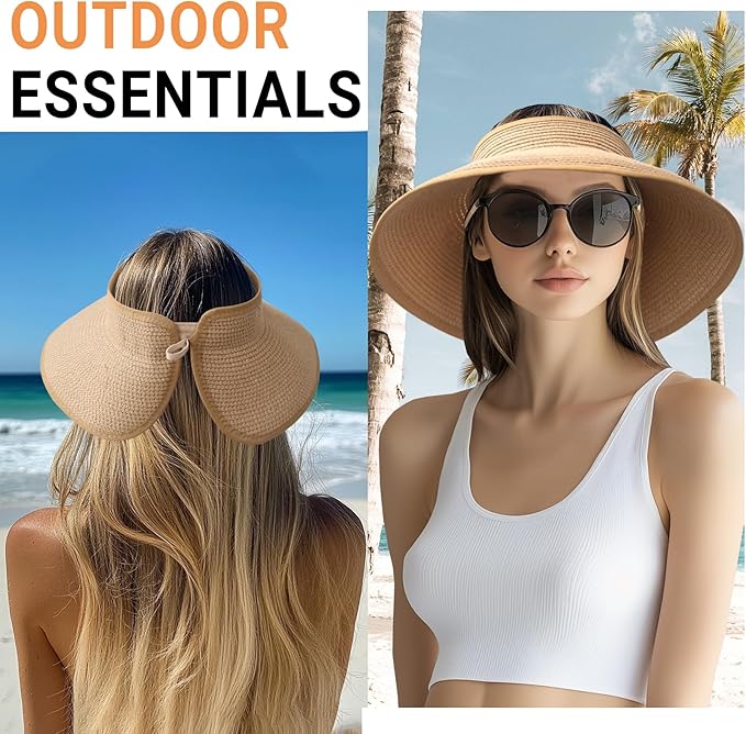 PFFY Sun Visors Hats for Women Wide Brim Straw Visor Packable Foldable Ponytail Travel Beach Hat Vacation Essentials