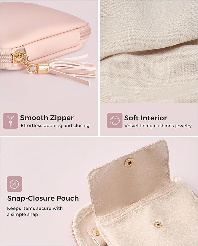 Lolalet Travel Jewelry Case Organizer, Small Jewellery Pouch with Compartments for Storage, Soft Velvet Bag for Traveling Women, Full-Zip Packing for Necklaces, Earrings, Bracelets -Apricotpink