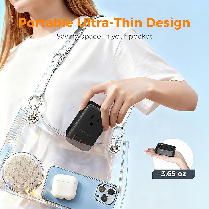TESSAN International Power Adapter PD 20W, Ultra Thin Universal Adapter, Worldwide Outlet Plug with 2 USB C 1 USB A for US to Europe UK Spain Australia France Germany Thailand (Type C G A I), Black