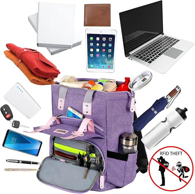 FALANKO Laptop Backpack for Women,Large Computer Backpack Fits 17 Inch Laptop with RFID Water Resistant purse Casual Purple Bookbag for Teacher/work/College/nurse/Doctor/Woman