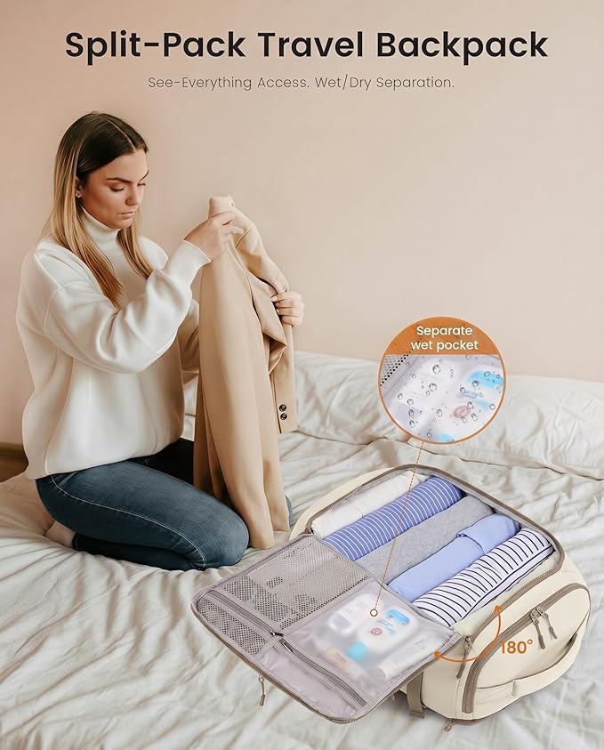 LOVEVOOK Travel Backpack for Women & Men, 40L TSA Approved Carry On Backpack with 3 Packing Cubes, Waterproof Weekender Overnight Bag for 2-4 Day Trips, Business & Travel Essentials, Khaki-Beige