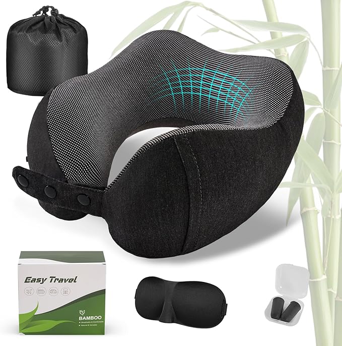Cirorld Neck Pillow for Traveling, Travel Pillows for Airplanes,100% Pure Memory Foam Travel Neck Pillow, Adjustable Flight Pillow, Portable Plane Accessories with Eye Mask, Earplugs, Carry Bag
