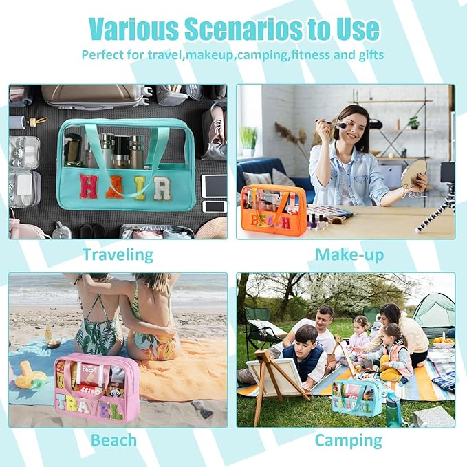 BuyCard Chenille Letter Patch Clear Travel Bags, Preppy PVC&Nylon Makeup Bag with Handle and Zipper, Waterproof Large Clear Travel Toiletry Bag Storage Bag for Women Girls