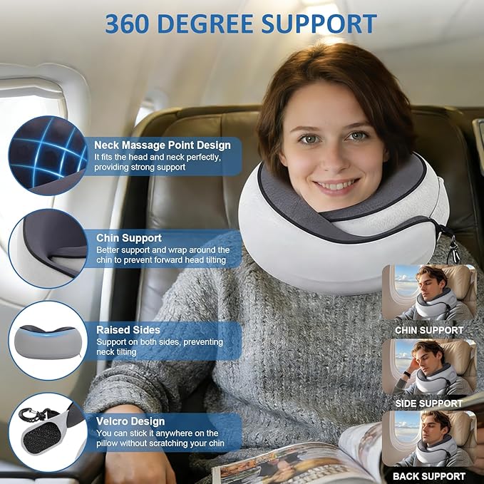 Neck Pain Travel Pillow with 360° Full Support for Rest, Compact Neck Airplane Pillow for Car, Office, Long Flight Kit with Contoured 3D Eye Mask, Earplugs & Portable Storage Box