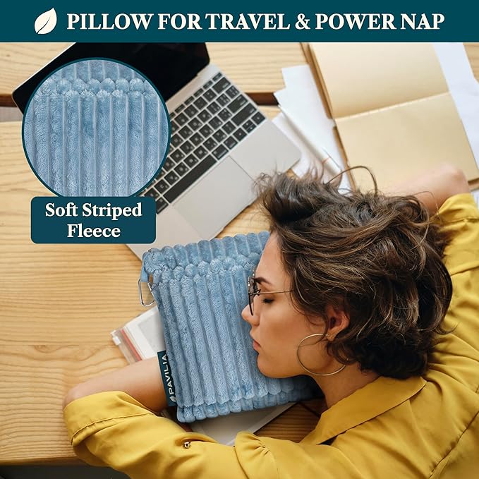 PAVILIA Travel Blanket Pillow in Soft Bag with Pockets, Airplane Blanket Set, Plane Blanket Compact Packable, Flight Essentials Car Pillow, Travelers Accessories Gifts, Luggage Strap, Dusty Light Blue