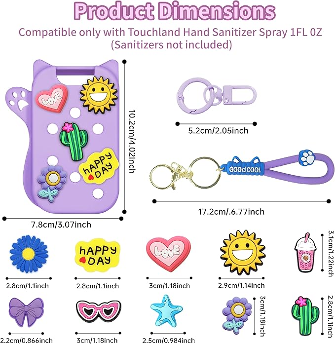 Mlife Hand Sanitizer Spray Case for Touchland Silicone Touchland Case Cat Silicone Case compatible with Touchland Power Mist 1FL OZ/30ML with Keychain &10Pcs Charms(Purple)