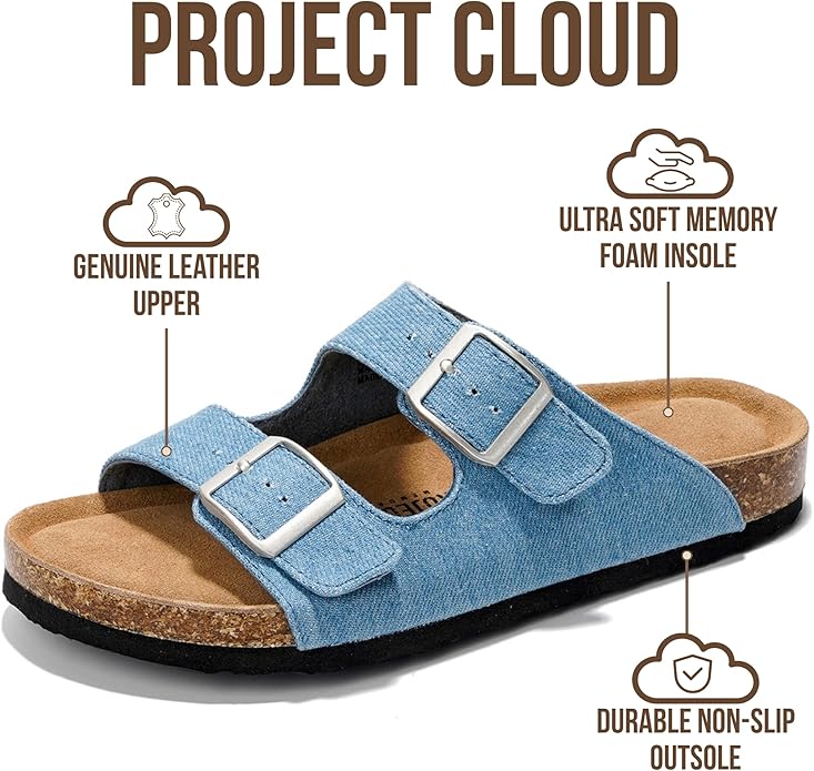 Project Cloud 100% Genuine Leather Flat Sandals For Women 2026 Cork Footbed Womens Sandals with Memory Foam and arch support Vacation Essentials Slides for Women Footwear (Venita)