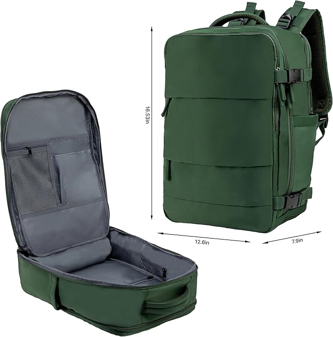 Carrywell (Not Made In China) Travel Backpack Airline Approved, Carry-On Underseat, Holds 15.6 or 16 Inch Laptop, Personal Item Bag with Shoe Compartment For Men Women, Green 30l