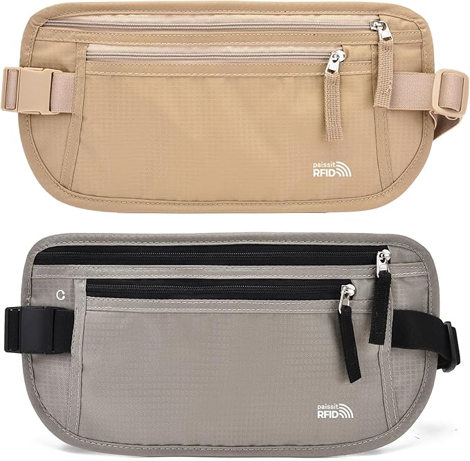 Unisex Money Belt For Men and Women, Slim Passport Holder RFID Blocking Travel Essentials Pouch with Adjustable Strap Small Waist Pouch for Workout Running Travelling Hiking, Beige & Light Grey