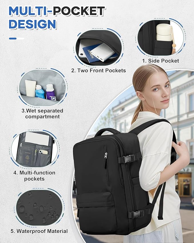 VECAVE Carry On Backpack for Women, Large Travel Backpack Flight Approved, Waterproof 14 Inch Laptop Backpack Business Work Backpacks Men Mochila De Viaje, Black