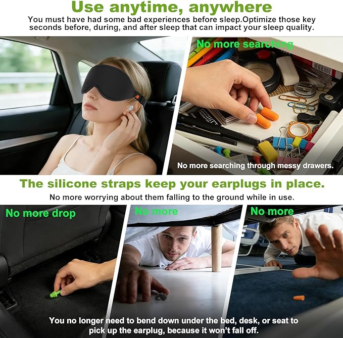 3D Contoured Sleep Mask with Earplug Retainer Cord,100% Pressure-Free & Total Light Blocking Eye Mask with Adjustable Strap. Ideal for Sleep Earplug User, Airplane Travel, Meditation Black
