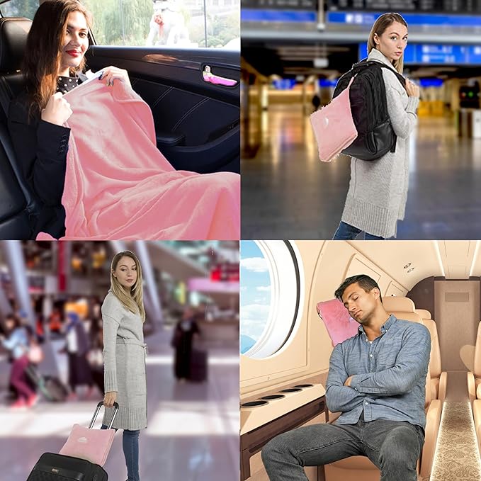 BlueHills Premium Soft Mini Plush Travel Blanket Value Pack Set of 2 - Airplane Travel Essential Flight Blanket Throw in a case Compact for Car Plane Travel Gift – Light Pink and Teal Green