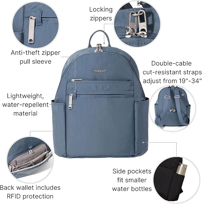 Baggallini Securtex® Anti-theft Vacation Travel Backpack 10x13 Slash-Resistant Nylon Daypack w/RFID