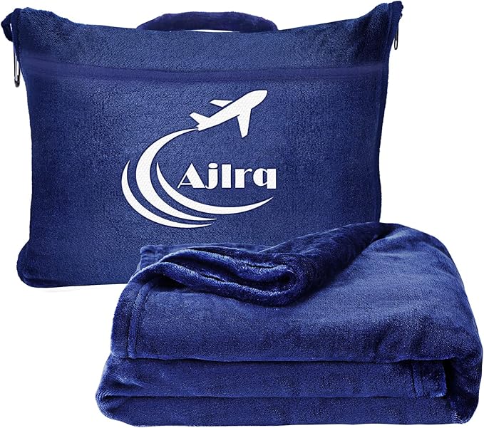 Travel Blanket Airplane Pillow, Premium Soft Polyester 2 in 1 Travel Pillow Airplane Blanket with Soft Bag Pillow Case Travel Essentials with Storage Bag and Handle Belt (Blue)
