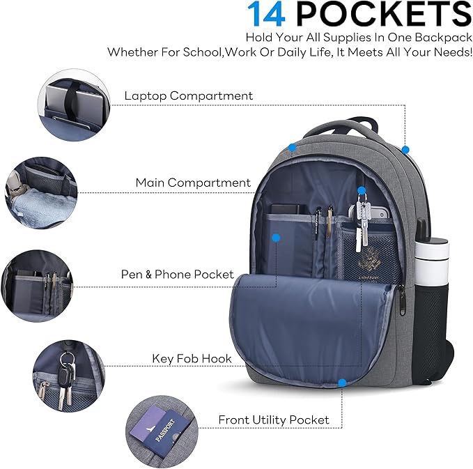 TANTOMI 17 Inch Travel Laptop Backpack for Men Women, Business Laptop Backpack with Anti Theft & USB Charging Port, Water Resistant Durable School Computer Backpack for Travel, Work, Daily Carry