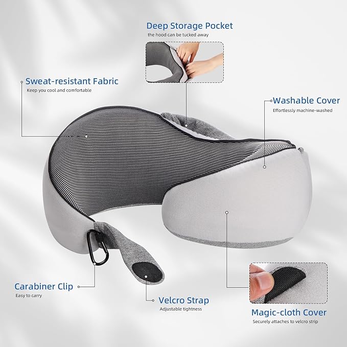 Travel Pillow, Hooded Neck Pillow Airplane for Sleeping, Memory Foam Traveling Pillow for Long Flights, Portable Plane Accessories (Charcoal Black)