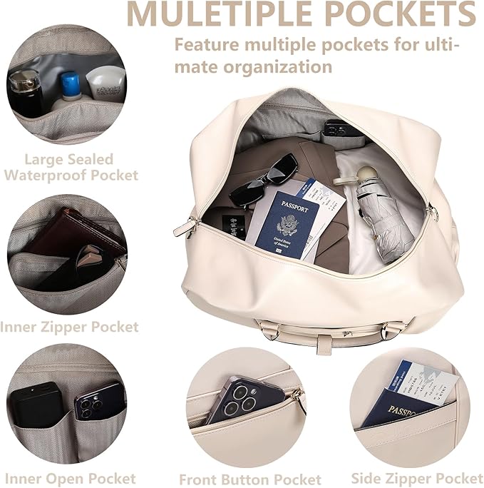 Large 4-in-1 Leather Duffle Bag for Travel Weekender Overnight Hospital Gym Bag for Men & Women, Carry On Airline Approved Personal Item Duffel Garment Bag Luggage with Shoe Compartment & Toiletry Bag