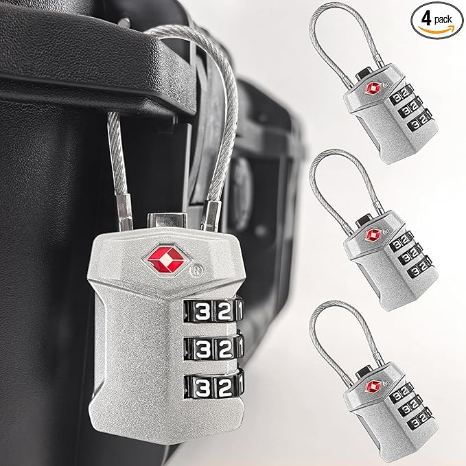 4 Pack TSA Approved Travel Luggage Locks, 3 Digit Combination Cable Padlock, Weatherproof Reset Code Lock with Cut-Resistant Alloy Steel Cable for Suitcases Backpacks Gym Locker Golf Bags - Keyless