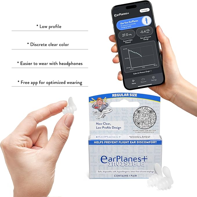 EarPlanes+ Invisible Airplane Travel Ear Protection Clear Low-Profile Design (Adult Size, 3 Count)