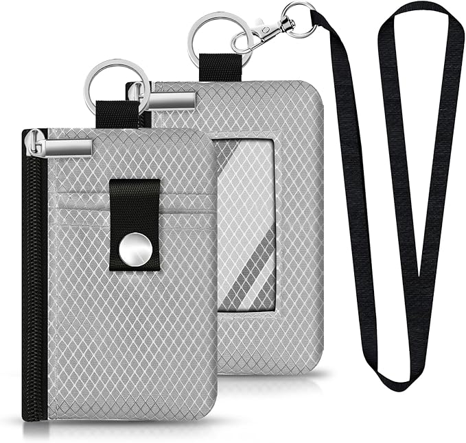 Minimalist RFID Blocking Small Wallet with ID Window,WaterResistant Zip Id Case Wallet with Lanyard Keychain for Cards,Cash,Travel,Women,Men (Light gray)