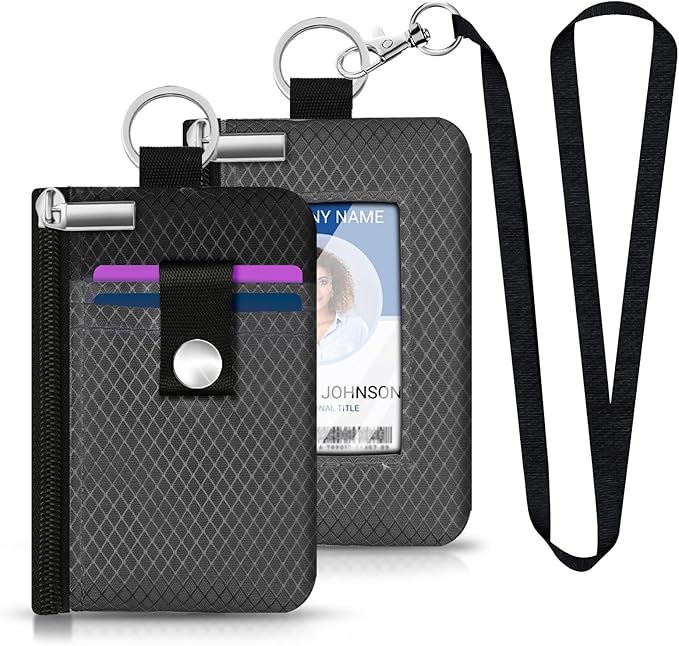 Minimalist RFID Blocking Small Wallet with ID Window,WaterResistant Zip Id Case Wallet with Lanyard Keychain for Cards,Cash,Travel,Women,Men (DarkGrey/Black)