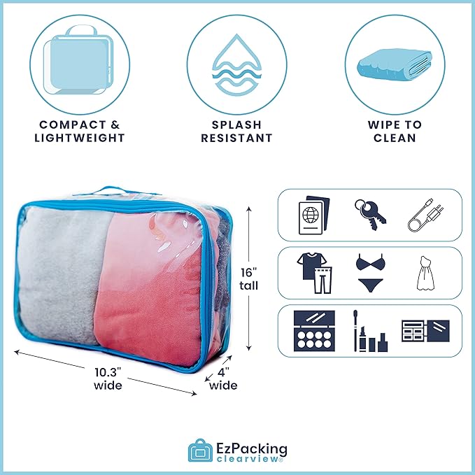 Large Clear Travel Packing Cube/See-Through PVC Organizer for Suitcase/Multipurpose Pouch w/Handle/Dress Shirts, Pants, Cashmere, Sweaters & Seasonal Linen Storage Protection (Pink)