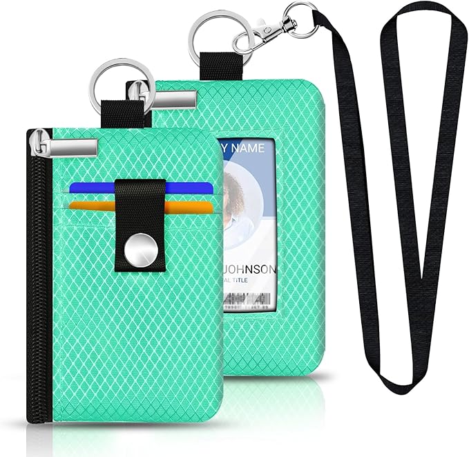 Minimalist RFID Blocking Small Wallet with ID Window,WaterResistant Zip Id Case Wallet with Lanyard Keychain for Cards,Cash,Travel,Women,Men (Mint Green)