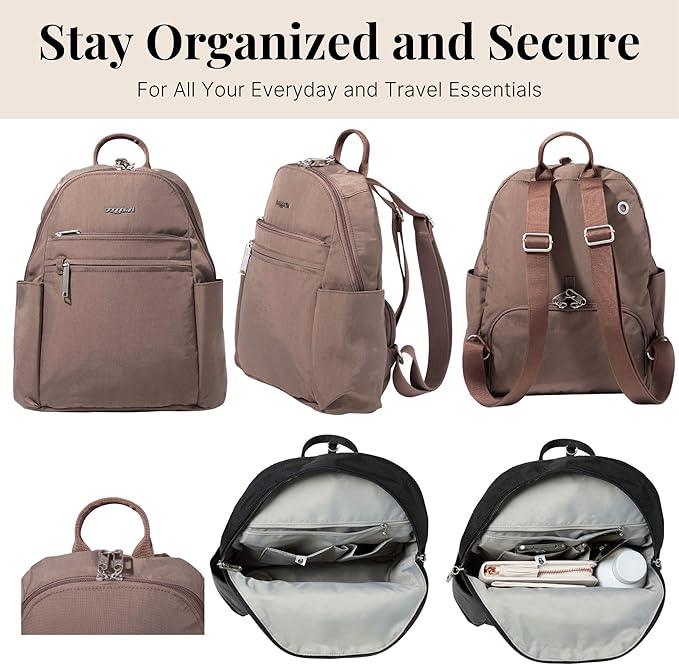 Baggallini Securtex® Anti-theft Vacation Travel Backpack 10x13 Slash-Resistant Nylon Daypack w/RFID, Portobello