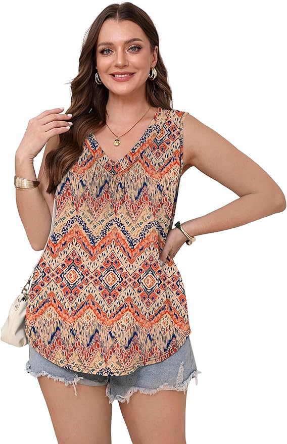 OFEEFAN Tank Top for Women Loose Fit Sleeveless Shirts V Neck Summer Clothes Ruched Women's Tees and Tanks Curved Hem