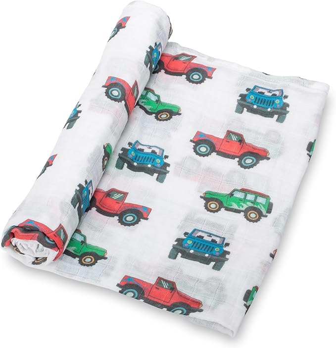 LollyBanks Muslin Swaddle Blankets, 100% Cotton Baby Boy Blanket 47 x 47 Inches, Soft Baby Swaddle Breathable, Muslin Blankets for Boys, Newborn Essentials, Registry (Vehicle Print)