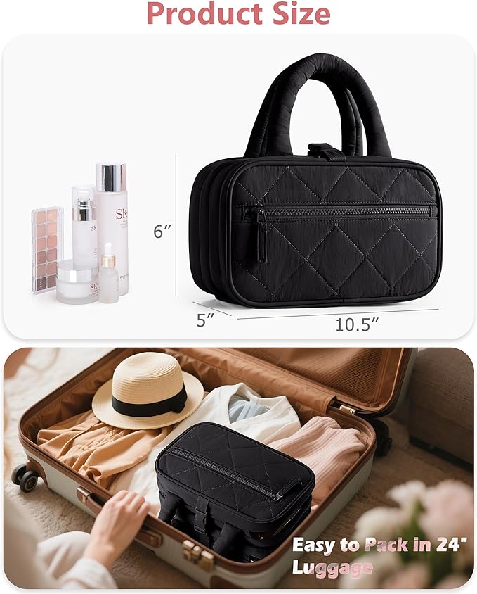 Marscamd Travel Toiletry Bag for Women with Hanging Hook, Puffy Makeup Organizer with Brushes Slots for Bathroom, Shower and Beauty Essentials, Black