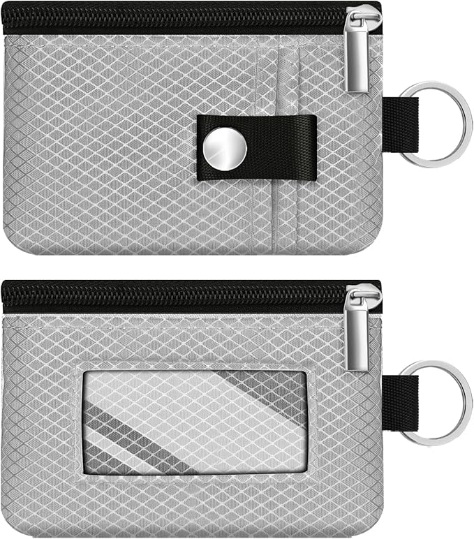Minimalist RFID Blocking Small Wallet with ID Window,WaterResistant Zip Id Case Wallet with Lanyard Keychain for Cards,Cash,Travel,Women,Men (Light gray)