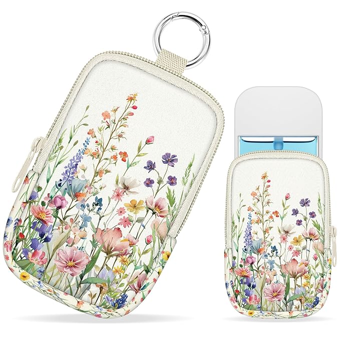 Hand Sanitizer Spray Case, Wild Flowers Floral Hand Sanitizer Holder Zippered Pouch, Cute Fashion Accessory with Snap Hook for Glow Mist and Power Mist 1FL OZ