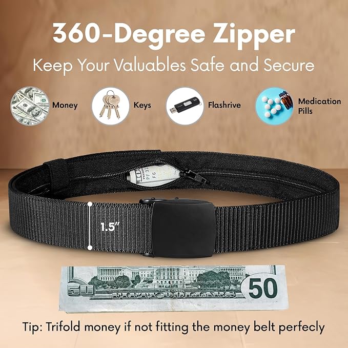 SP HOME GOODS Travel Money Belt with Hidden Money Pocket, Nylon Military Tactical Mens with Zinc Alloy Buckle- Black